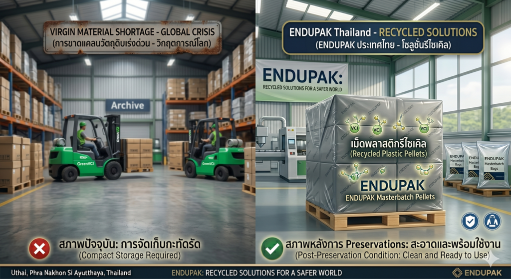 ถุงคลุมพาเลทรูปทรงแคปซูล (Gusset Bag) ยี่ห้อ ENDUPAK ผลิตจากพลาสติกรีไซเคิล ห่อหุ้มสินค้าบนพาเลทอย่างแน่นหนาในคลังสินค้า