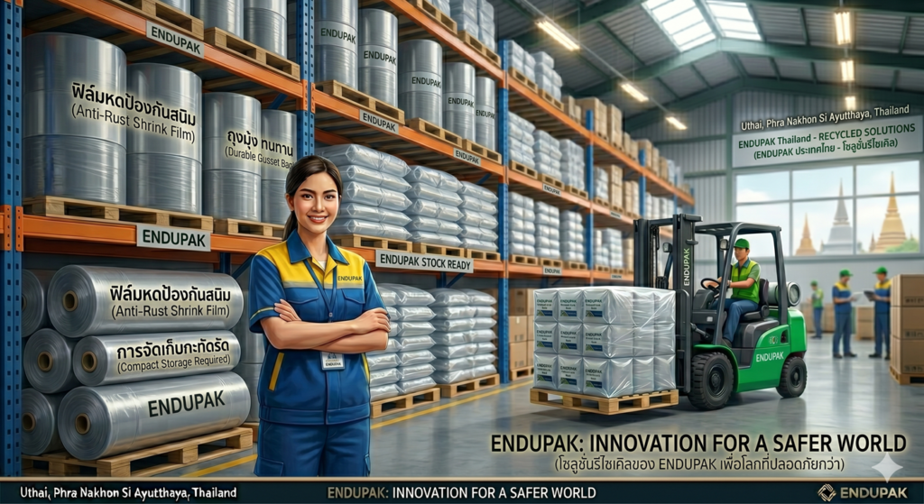 ผู้จัดการคลังสินค้า ENDUPAK ยืนอย่างมั่นใจหน้าชั้นวางที่เต็มไปด้วยสต็อกถุงมุ้งและม้วนพลาสติกรีไซเคิล สื่อถึงความพร้อมในการส่งมอบ