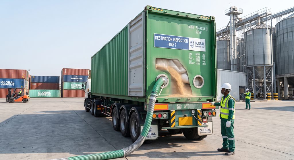 การลำเลียงสินค้าแห้งเทกองผ่านท่อเป่าลมเข้าสู่ถุงรองในตู้คอนเทนเนอร์ Container Liner Bag เพื่อการส่งออก