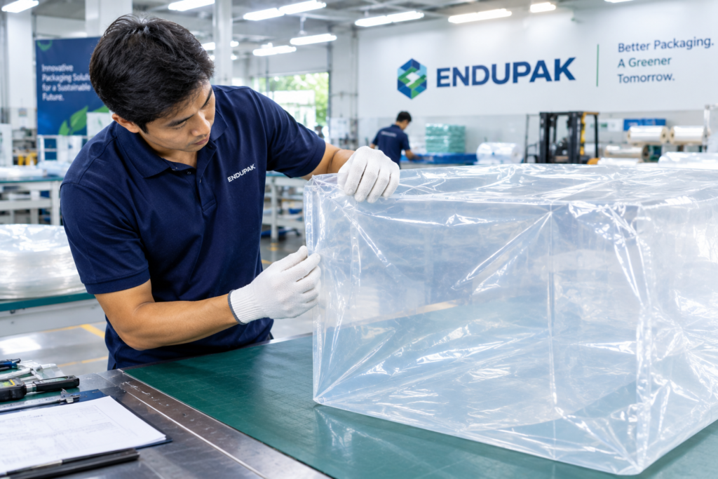 ช่างผู้เชี่ยวชาญของ ENDUPAK กำลังตรวจสอบรอยซีลตะเข็บถุงพลาสติกขนาดใหญ่รูปทรงสี่เหลี่ยมในสายการผลิต